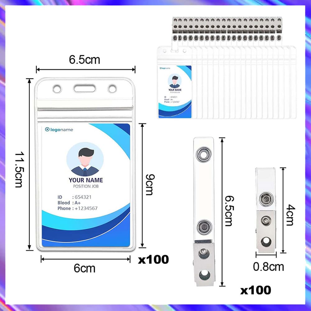 100 peças de porta-crachás com tiras de clipe, porta-cartão de identificação transparente, suporte verticais de crachá