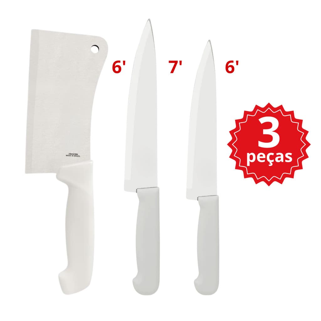 Kit 3 Peças Cutelo Profissional Aço Inox Machado Faca Peixeira Cozinha Restaurante Açougue