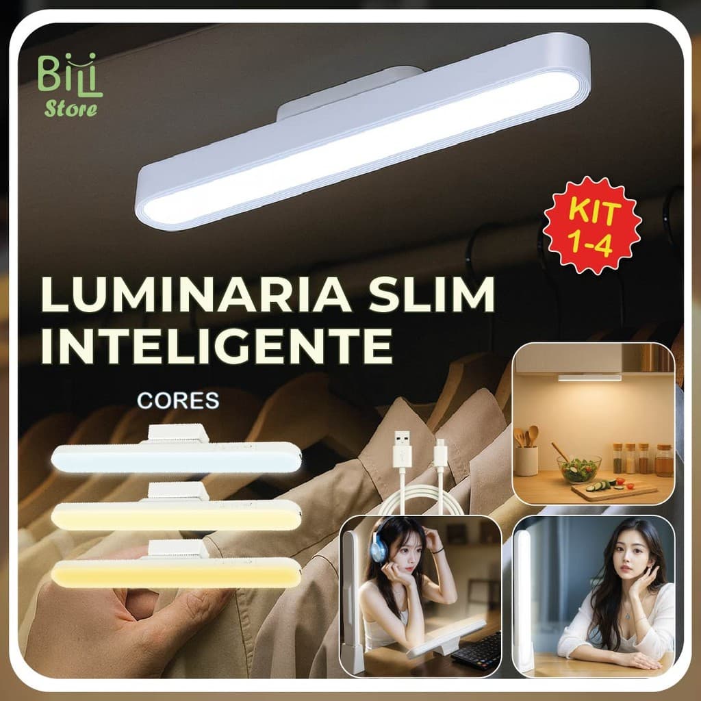Luminária Magnética Slim Inteligente Led Recarregável 3 Cores Ajuste 90° USB Bivolt