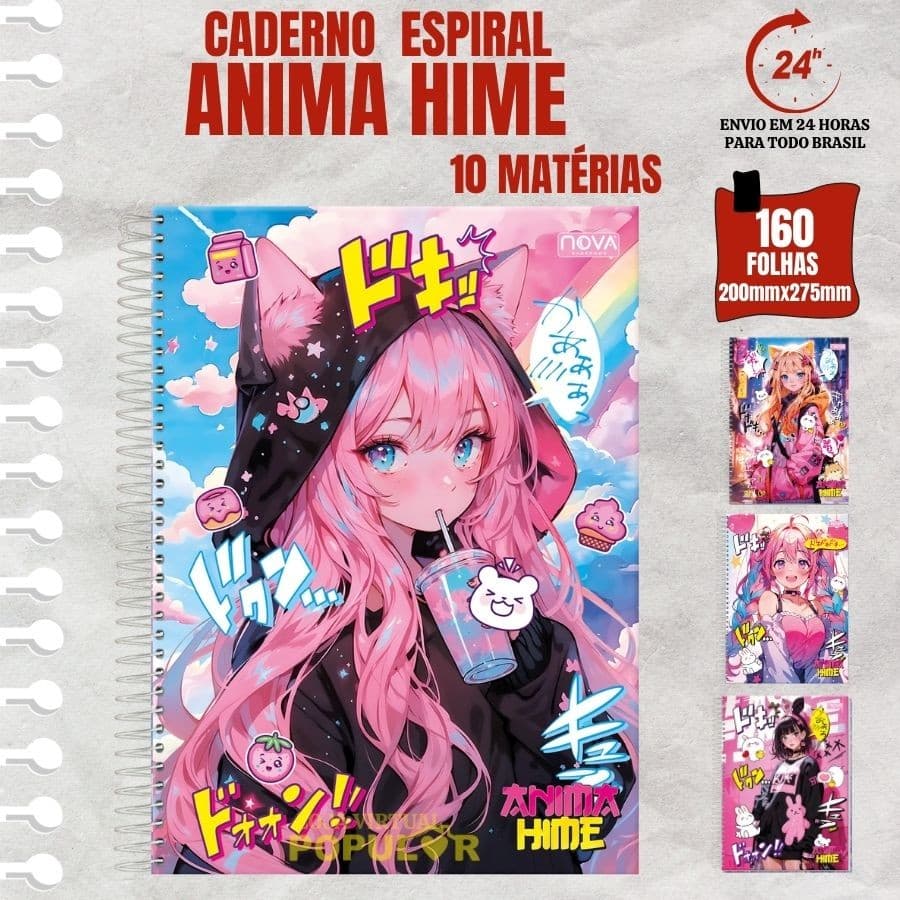 Caderno Desenho 10 Matéria 160 Folhas Universitário Capa Dura Anime Hime Menina Escolar