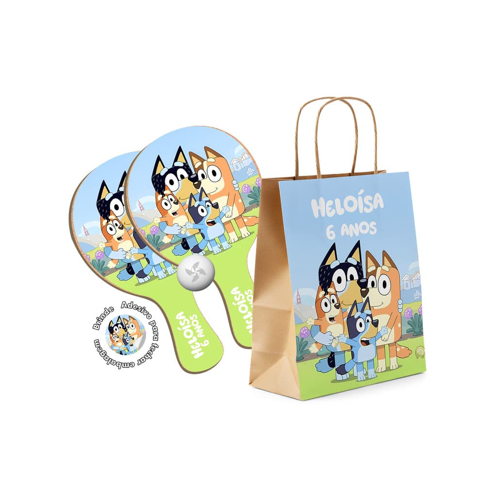 7/10/15/20/25 Kit Sacola de Papel e Raquete Ping Pong - Bluey e Bingo