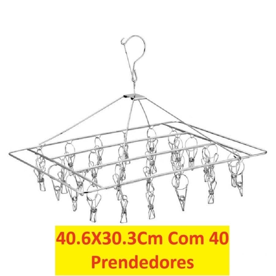 Varal 40 E 24 Clips Prendedores Apartamento Meia Roupa Inox 40.6X30.3Cm Retângulo E Redondo Utilmix
