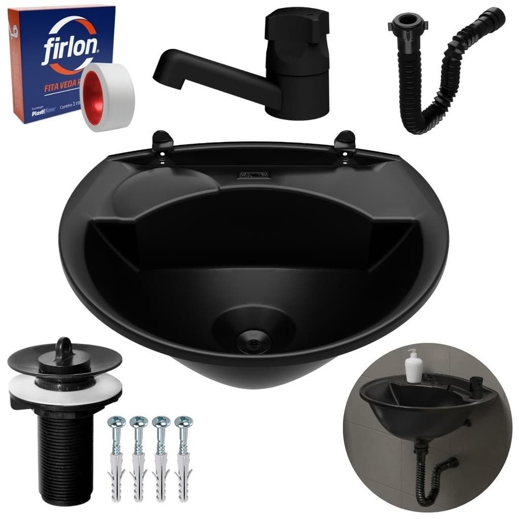 Kit Pia Lavatório Banheiro 4L Torneira Preta Sifão Universal Sanfonado e Fita Veda Rosca Conexão Moderna Casa