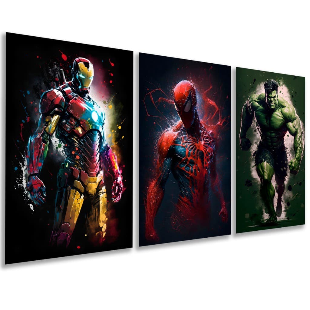 Kit 3 Peças Quadros Decorativos Heróis MarvelPara Quarto Sala Escritório