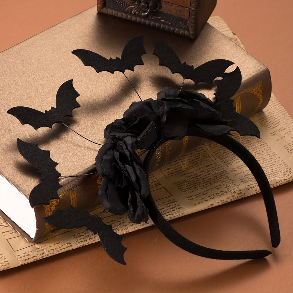 Tiara de Morcego Preto para Halloween, Acessório de Cabelo com Flor Preta Simulada, Acessórios de Fantasia de Cosplay de