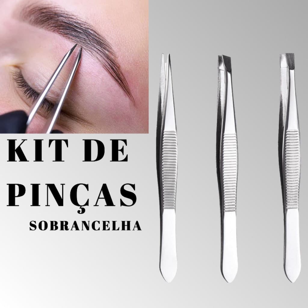 Kit de Pinças Reta, Chanfrada e Fina Para Designer de Sobrancelhas e Pelos