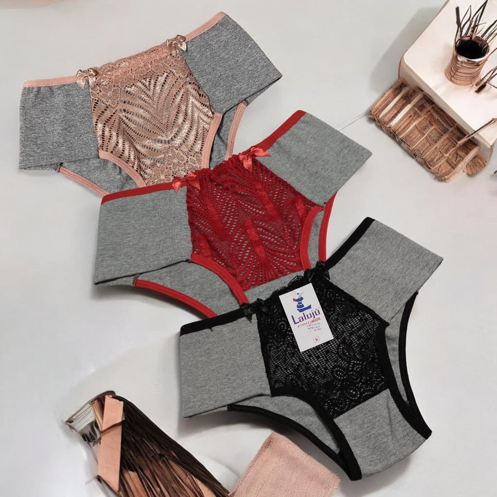 Kit 3 Calcinhas Rendada Cintura Alta Tanga Pala Dupla Calçola Feminina