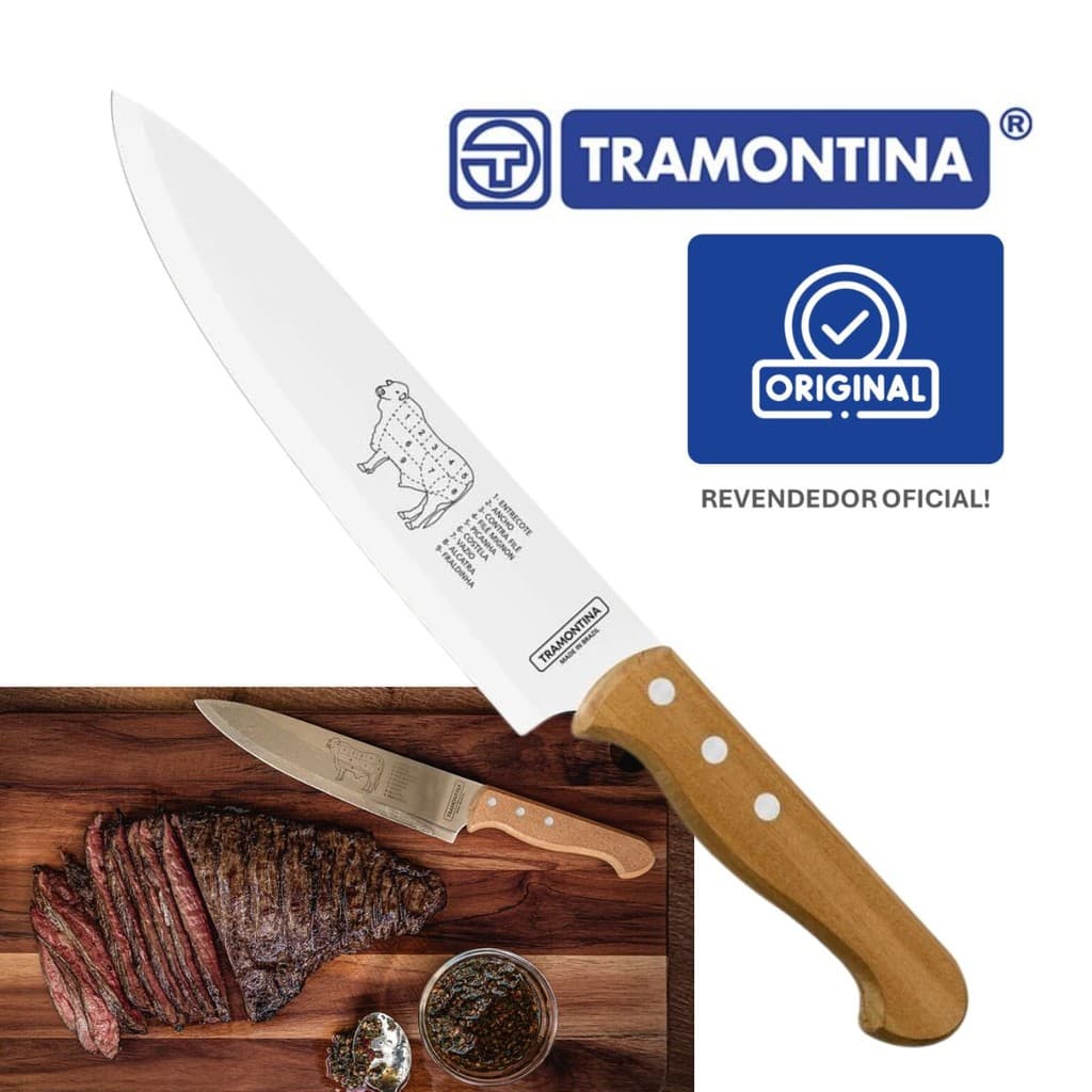Faca Para Carne Churrasco Chef Cozinha Cabo de Madeira Natural 8" Aço Inox Original da Tramontina