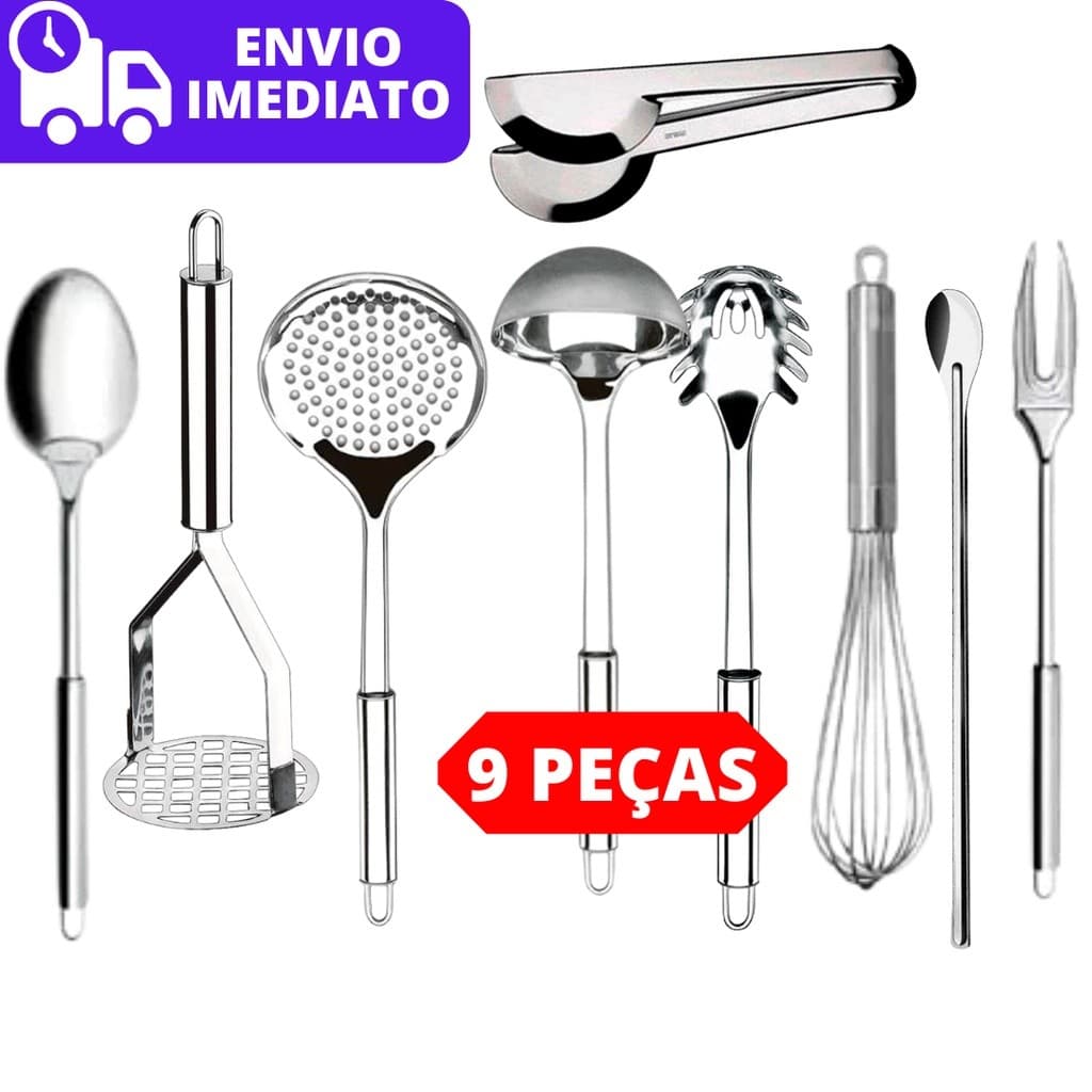 Kit 9 Utensílios de Cozinha 100% Inox Premium Concha Escumadeira Pegador Colher Garfo Fuet Pegador Colher e Amassador