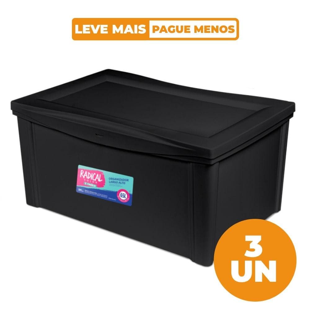 Kit 3 Caixas Organizadoras Alta Preta 65L Radical Color Ordene