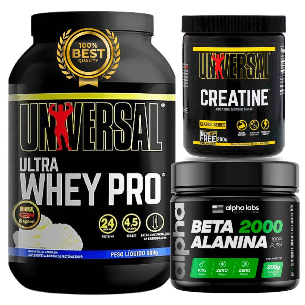 Kit Suplementos Hipertrofia Whey Universal 900g + Creatina Pura Universal 200g + Beta Alanina 200g