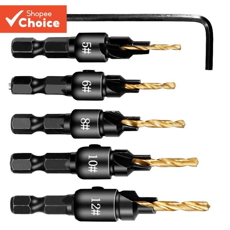 Conjunto de Brocas de Chanfro de 5 Peças para Carpintaria com Tamanhos #     5 a 12.