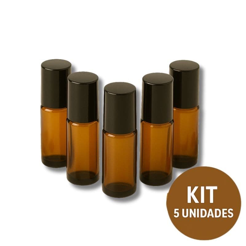 Kit 5 Frascos De Vidro Garrafinha Ambar Roll-on 5ml Com Tampa e Esfera em Inox