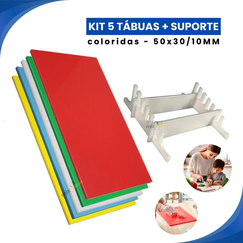 Kit 5 Tabuas De Corte Coloridas 50x30 10MM COM SUPORTE Anvisa Carnes Legumes