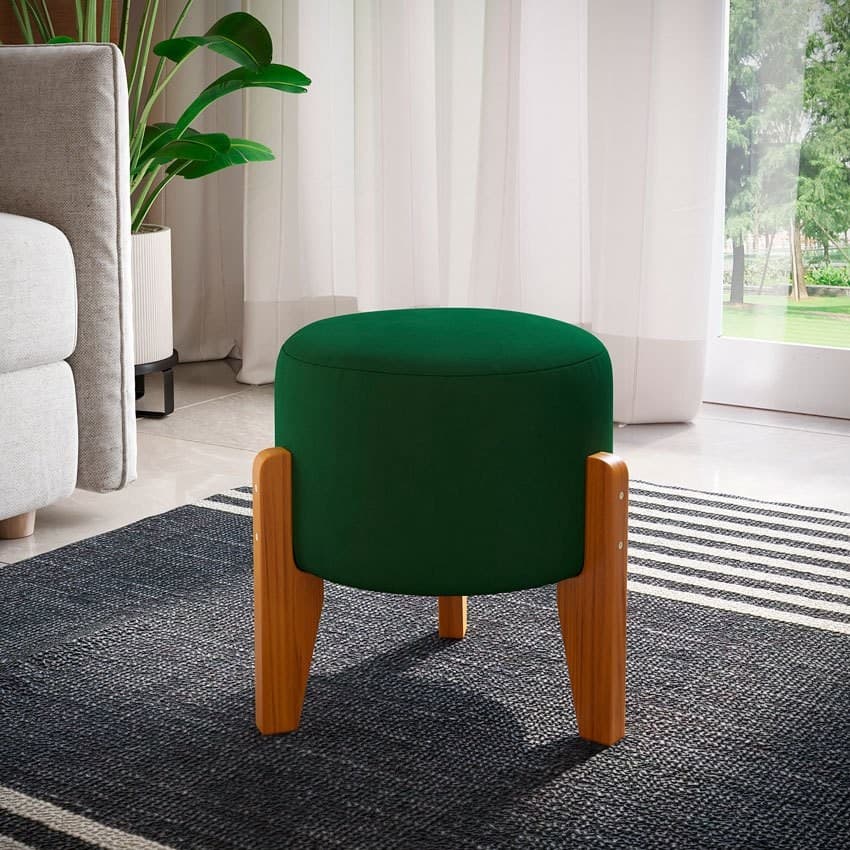 Puff Decorativo Para Sala Redondo Luxo Viena Quarto Madeira Macica Tecido Sued