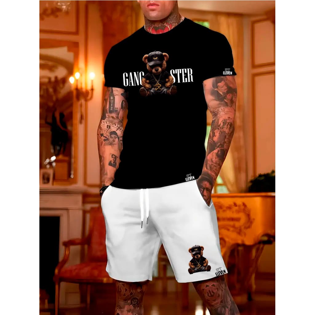 Kit Conjunto Gangster Camiseta Masculina 100% Algodão + Bermuda Moletom Lançamento Estampada Urso Badboy  Confortavel