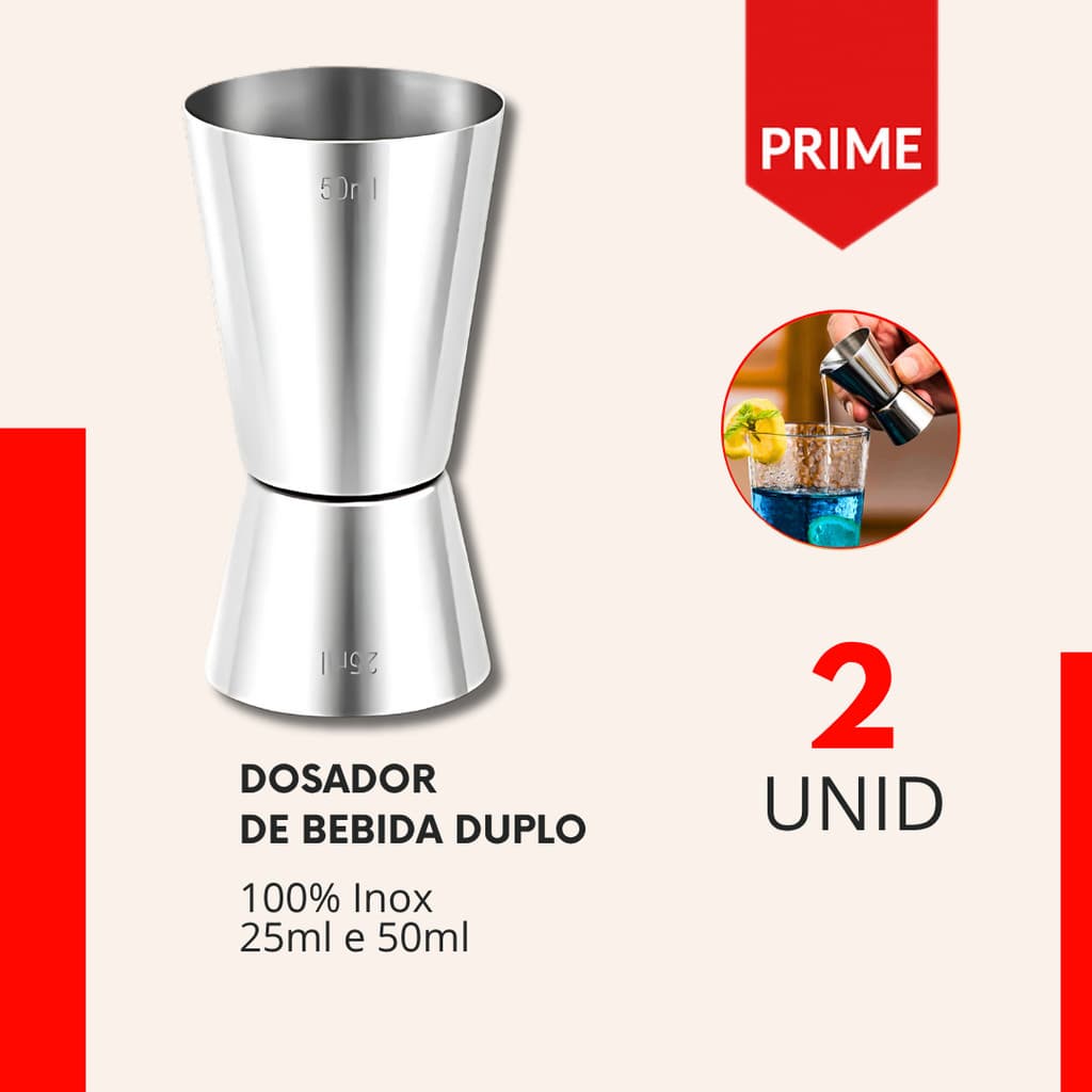 Dosador Duplo de Bebida c/2 Inox 25ml e 50ml Bar Drinks Bebidas Barman Caipirinha