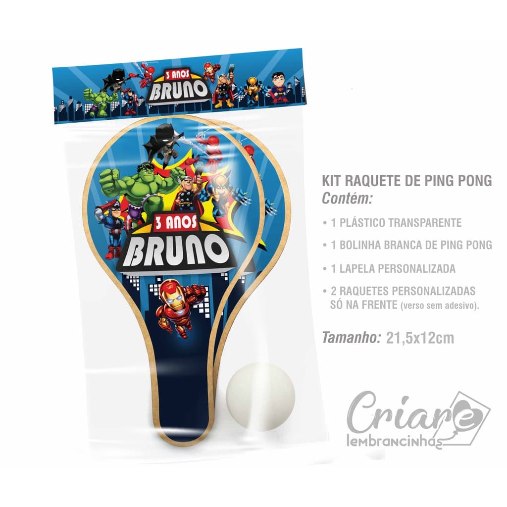 5, 10, 15 ou 20 unid - Kit Raquete De Ping Pong + bolinha - Super Heróis Baby - Lembrancinha PERSONALIZADA