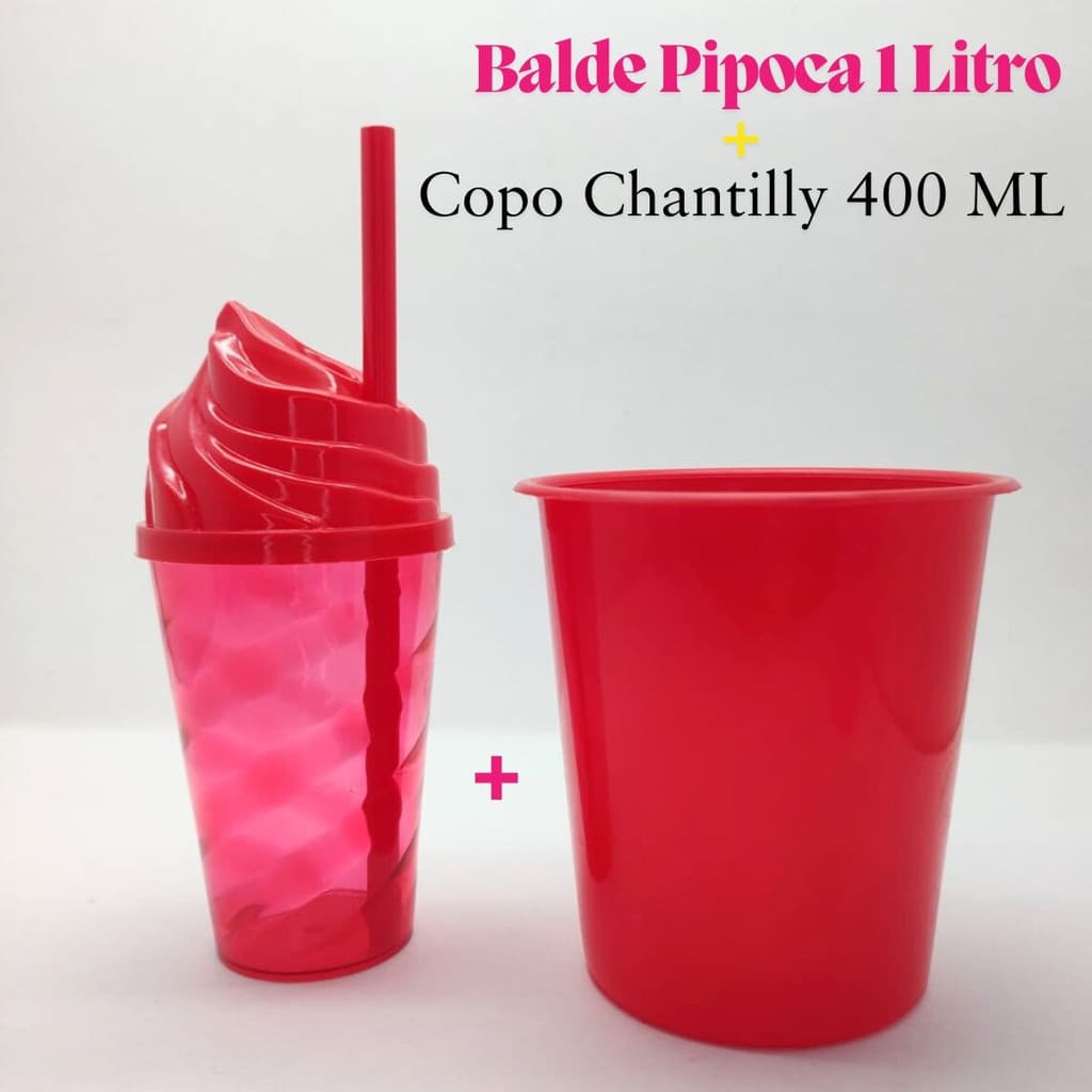 Kit 10 Lembrancinha Baldinho Pop Pipoca 1 L + Copo Chantilly 400ml