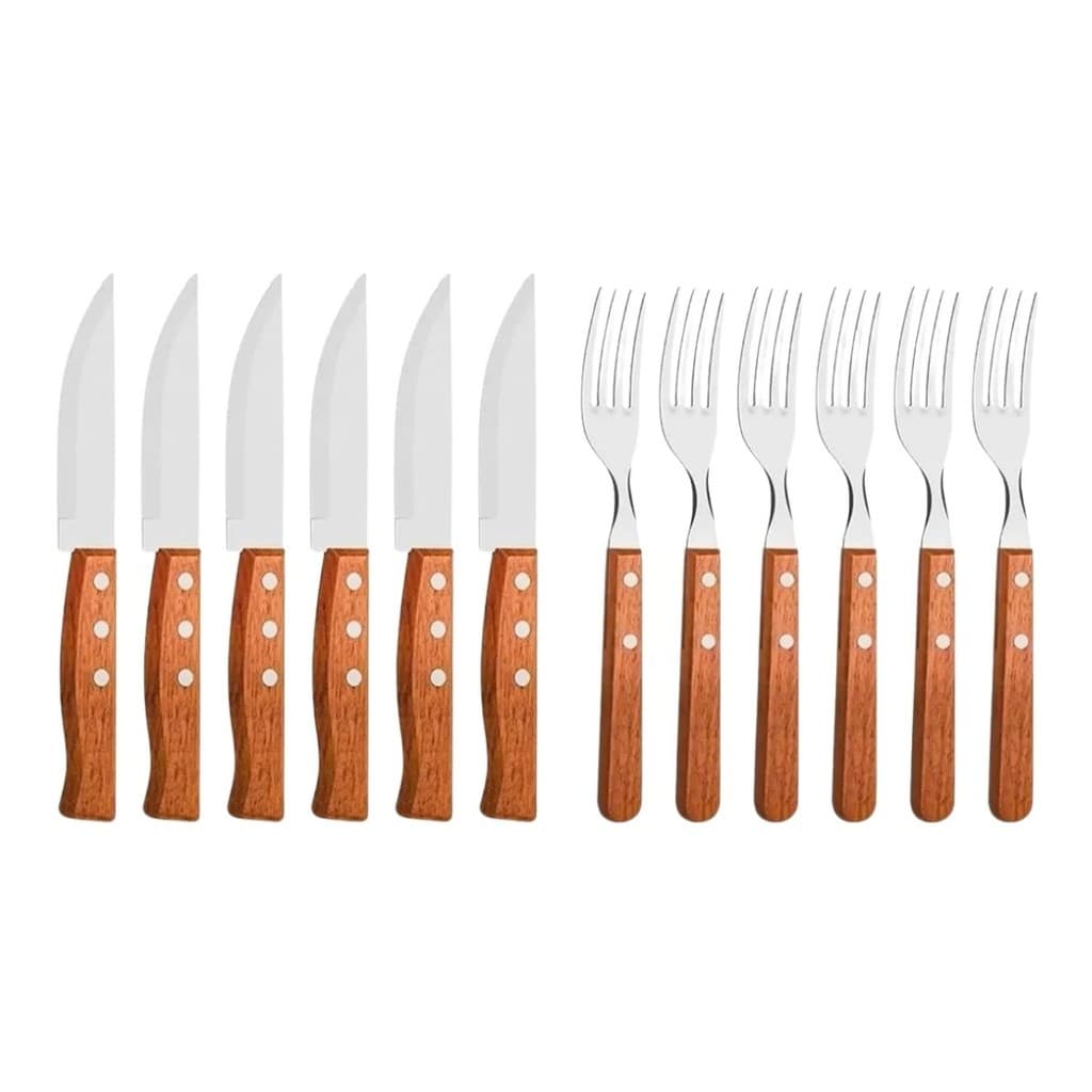 Conjunto Para Churrasco Wood 12 Peças Jogo De 6 Garfos E 6 Facas Grandes Com Cabo De Madeira Lehavi
