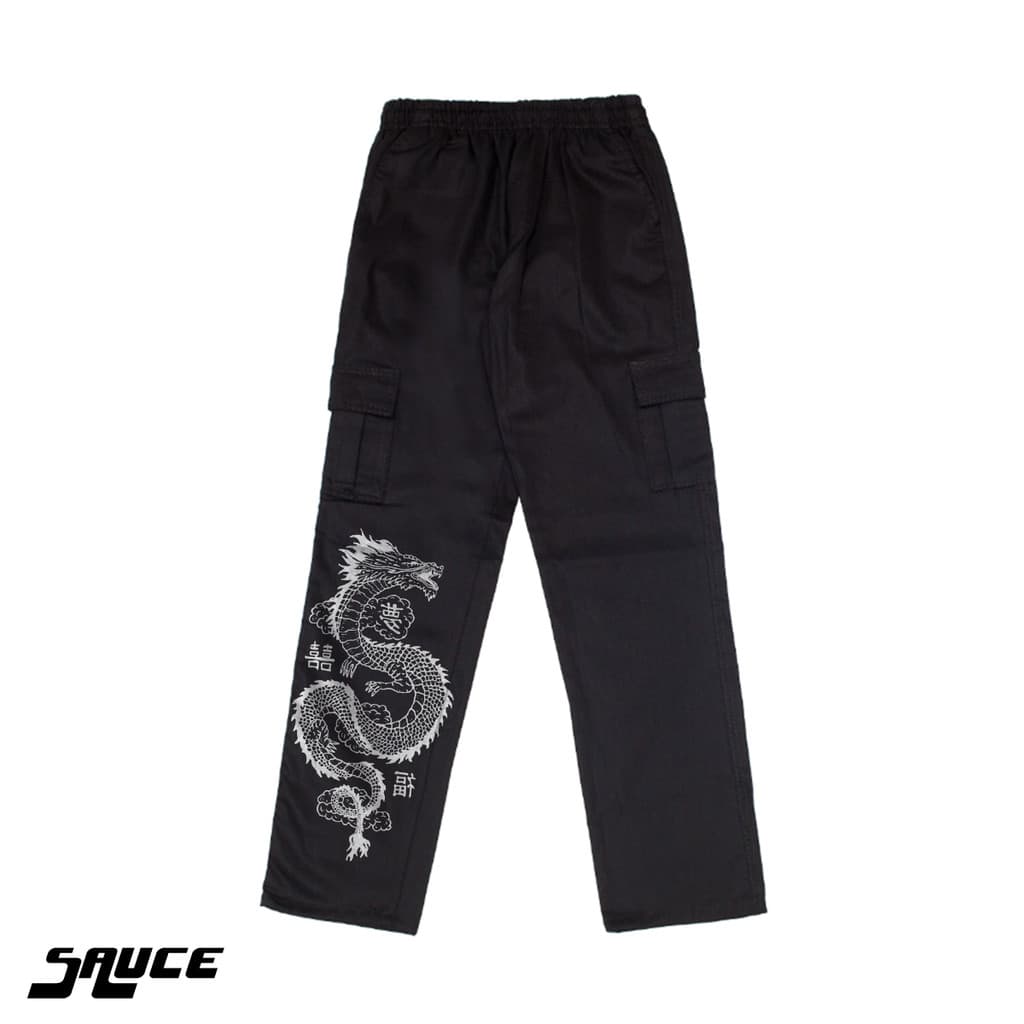 Calça Cargo Dragão Oriental Sarja Streetwear Unisex