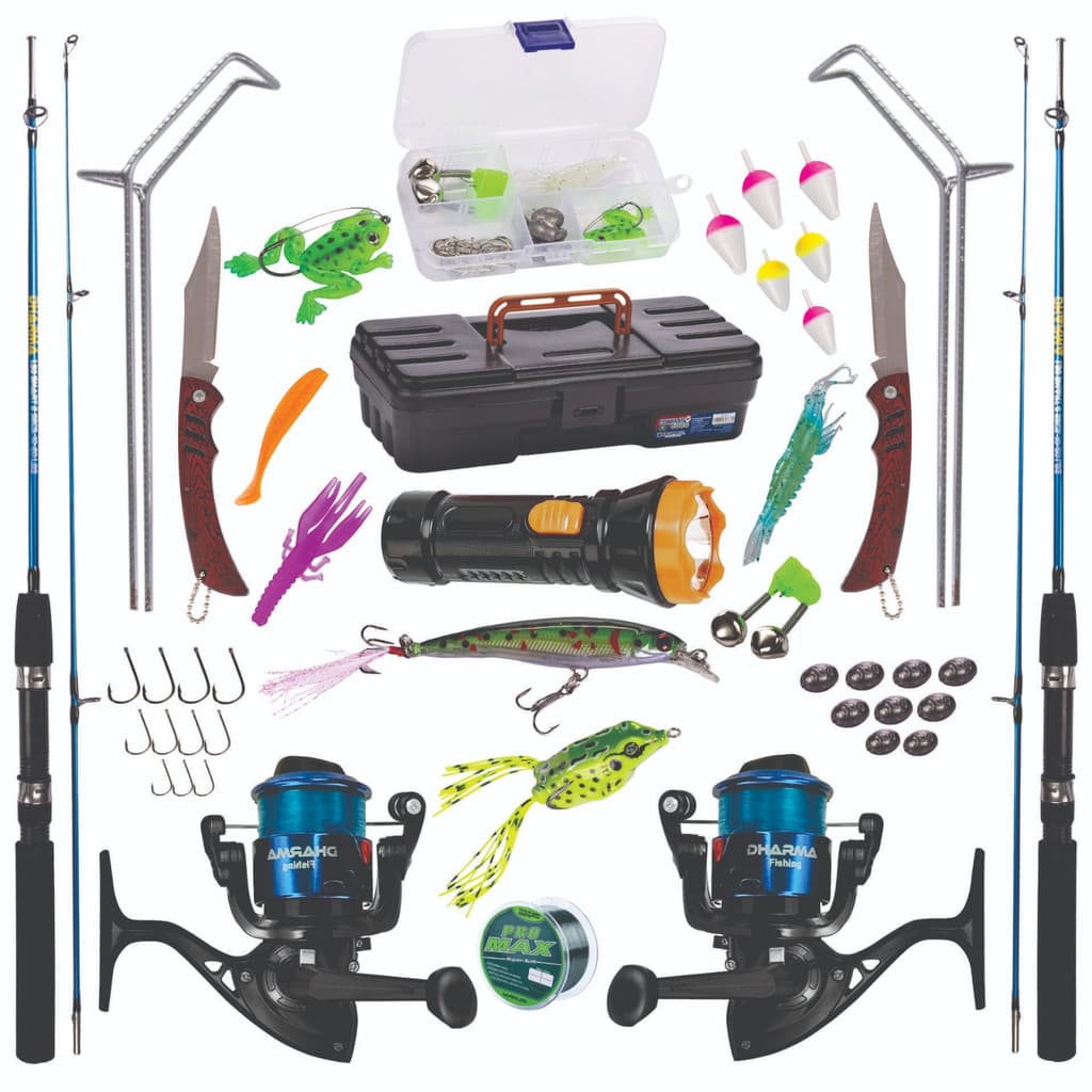 KIT DE PESCA 10KG COMPLETO C/ 2 VARAS DUAS PARTES + 2 MOLINETES + LANTERNA + 2 CANIVETES + MALETA + SUPORTE + ITENS