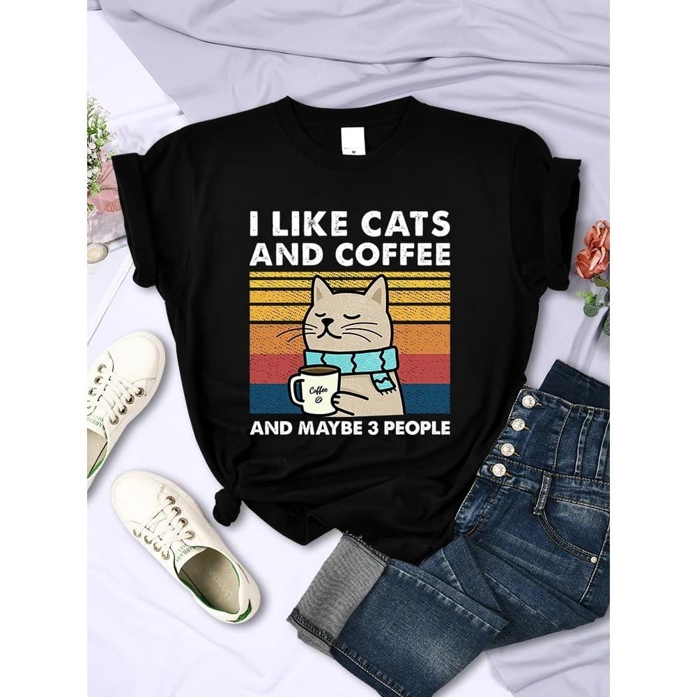 Camiseta  Algodão Feminina Amo Gatos E Café Gatinho Engraçado