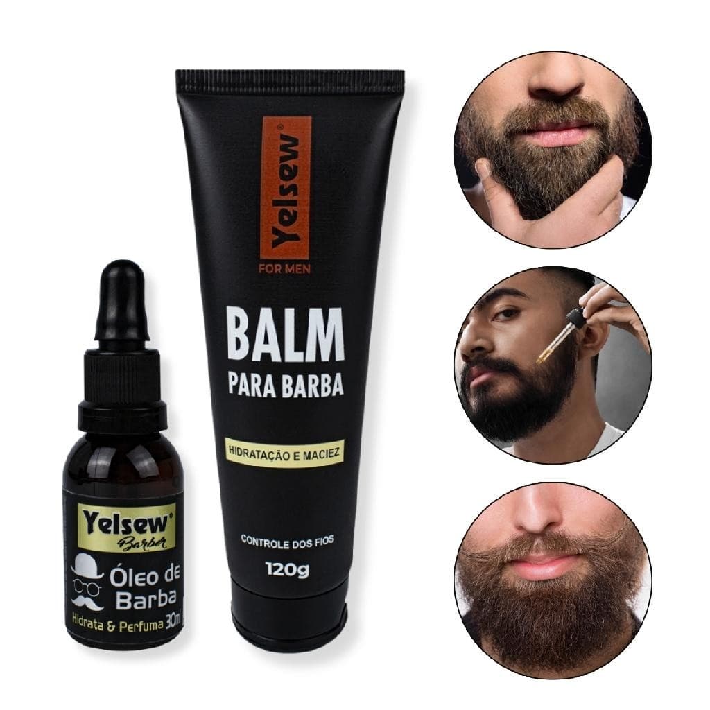 Kit Óleo de Barba 30ml + Balm Barba Hidratação 120g Yelsew Masculino Bigode Barbearia Cuidado Diário