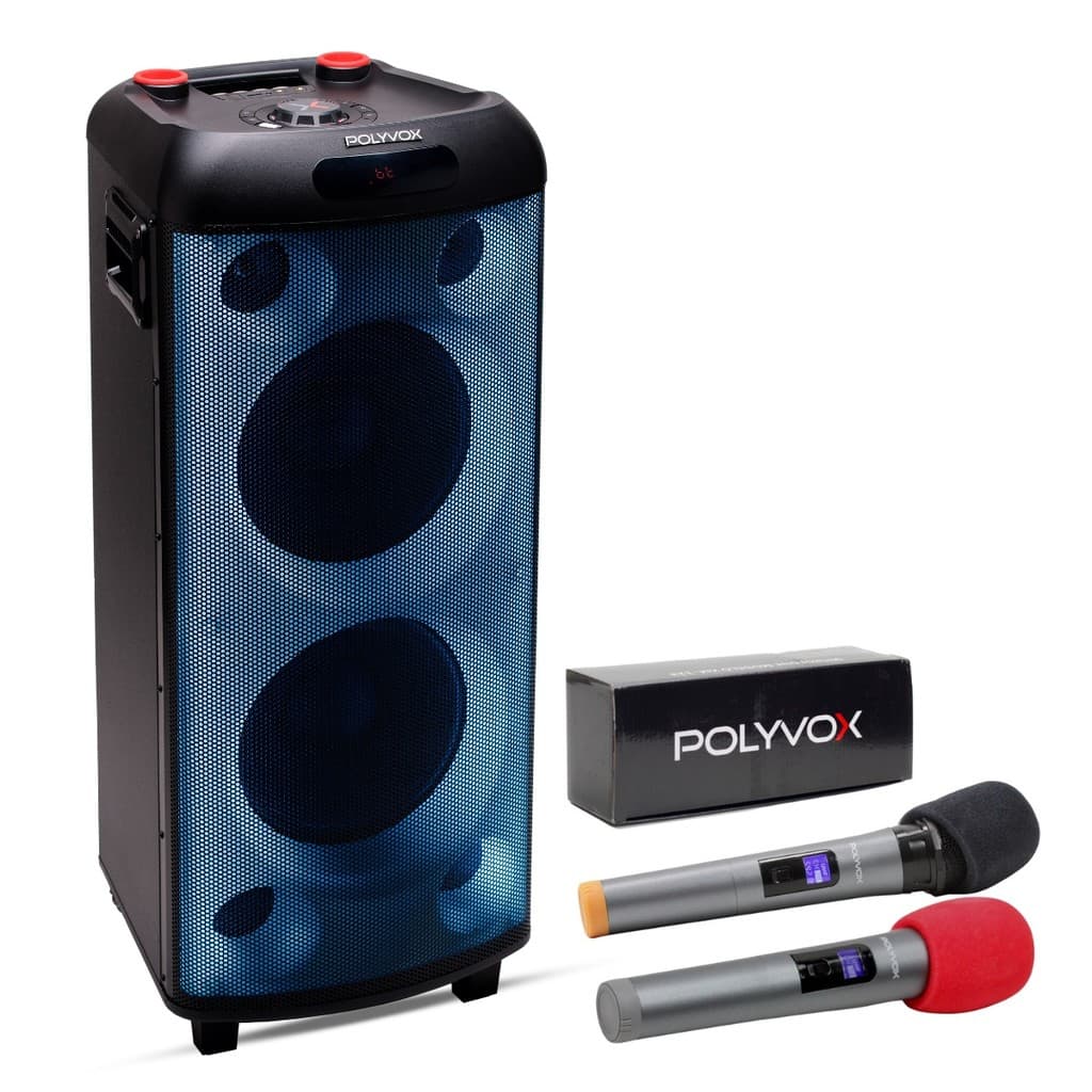 Caixa Som Torre Polyvox Bluetooth 2000w + Microfones Sem Fio