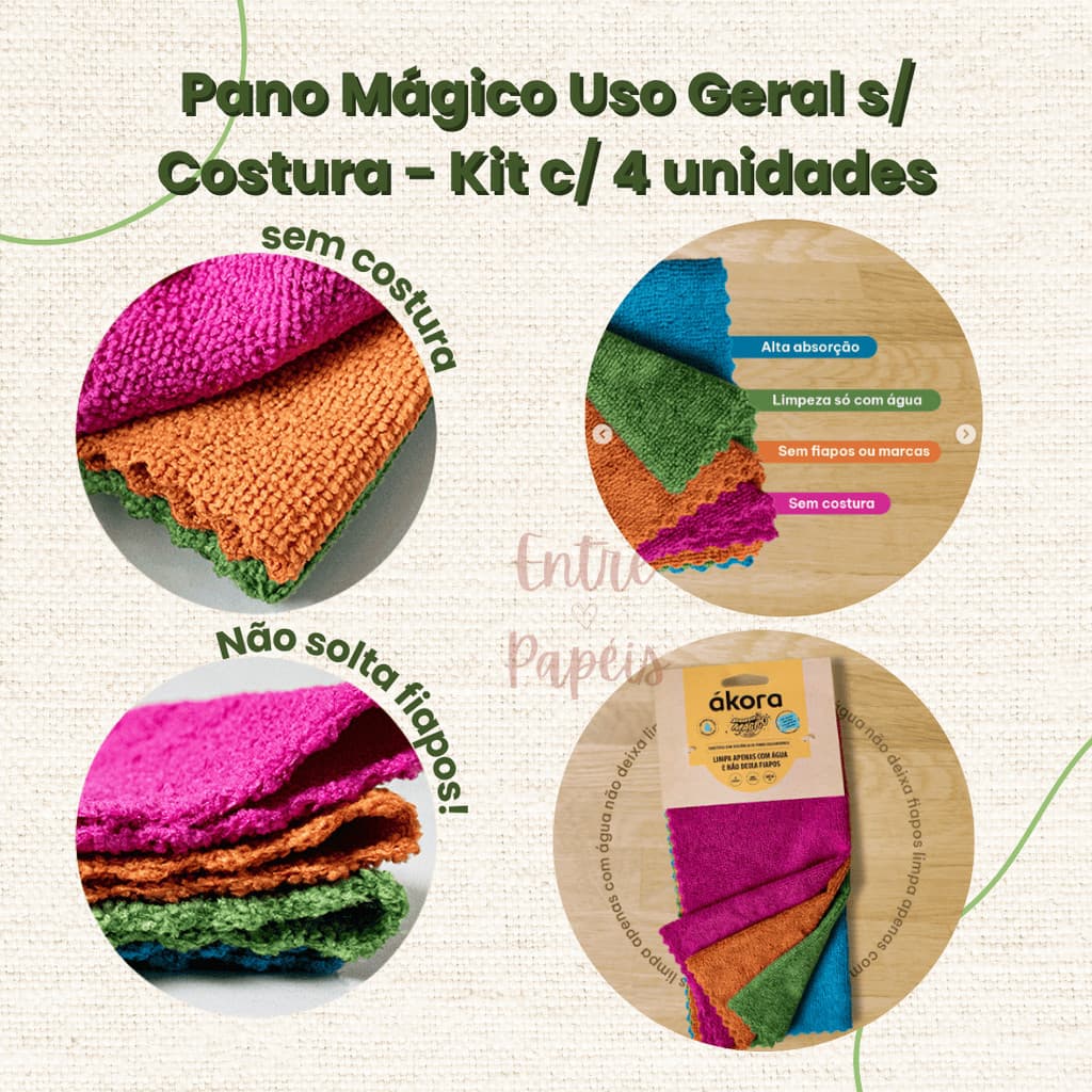 Pano Mágico Uso Geral Akora Kit 4un | Limpeza Multiuso Sem Fiapos | 1, 2 ou 3 Kits