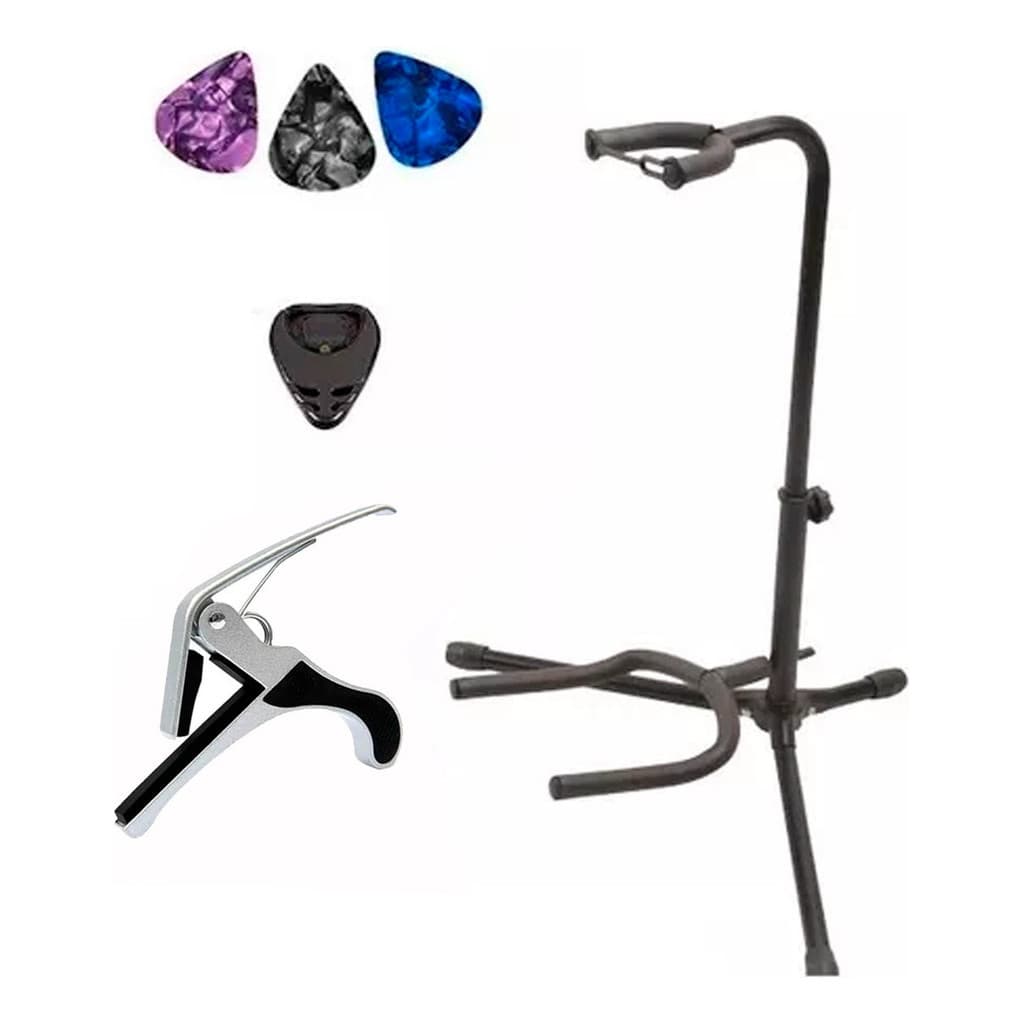 Suporte De Chão Violão + Capotraste+ Palhetas+ Porta Palheta