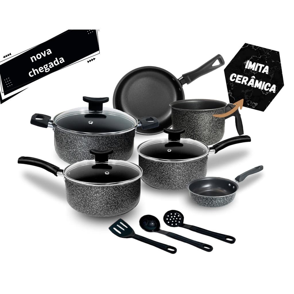 Jogo de Panelas Elegance Antiaderente Teflon 9 Peças Tampa Vidro - Panelas, Frigideiras, Caçarola, leiteira e talheres.
