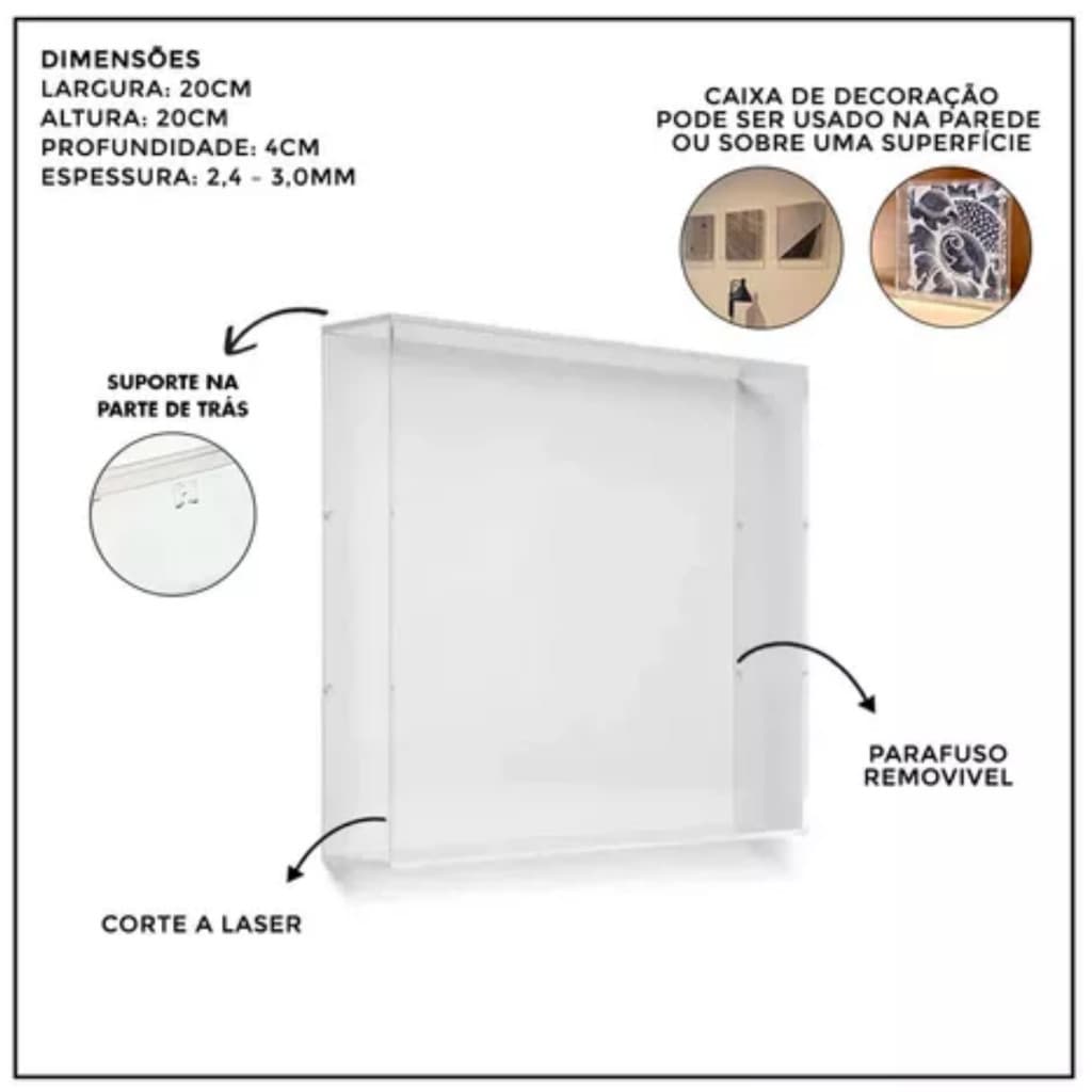 Caixa de Acrílico 25x25x4cm Decoração Parede e Mesa