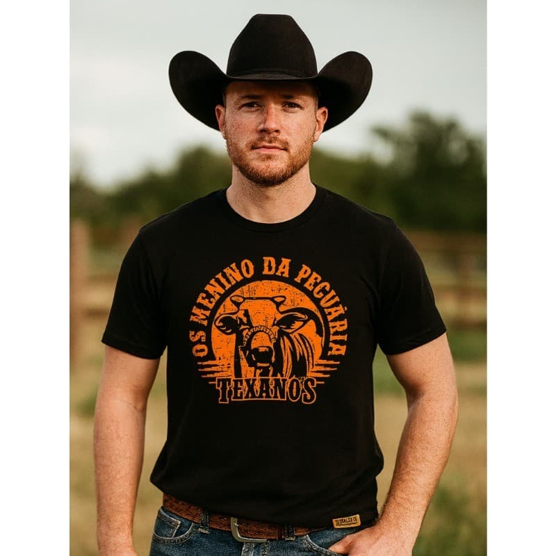 Camiseta country preta texanos cowboy manga curta atacado agro