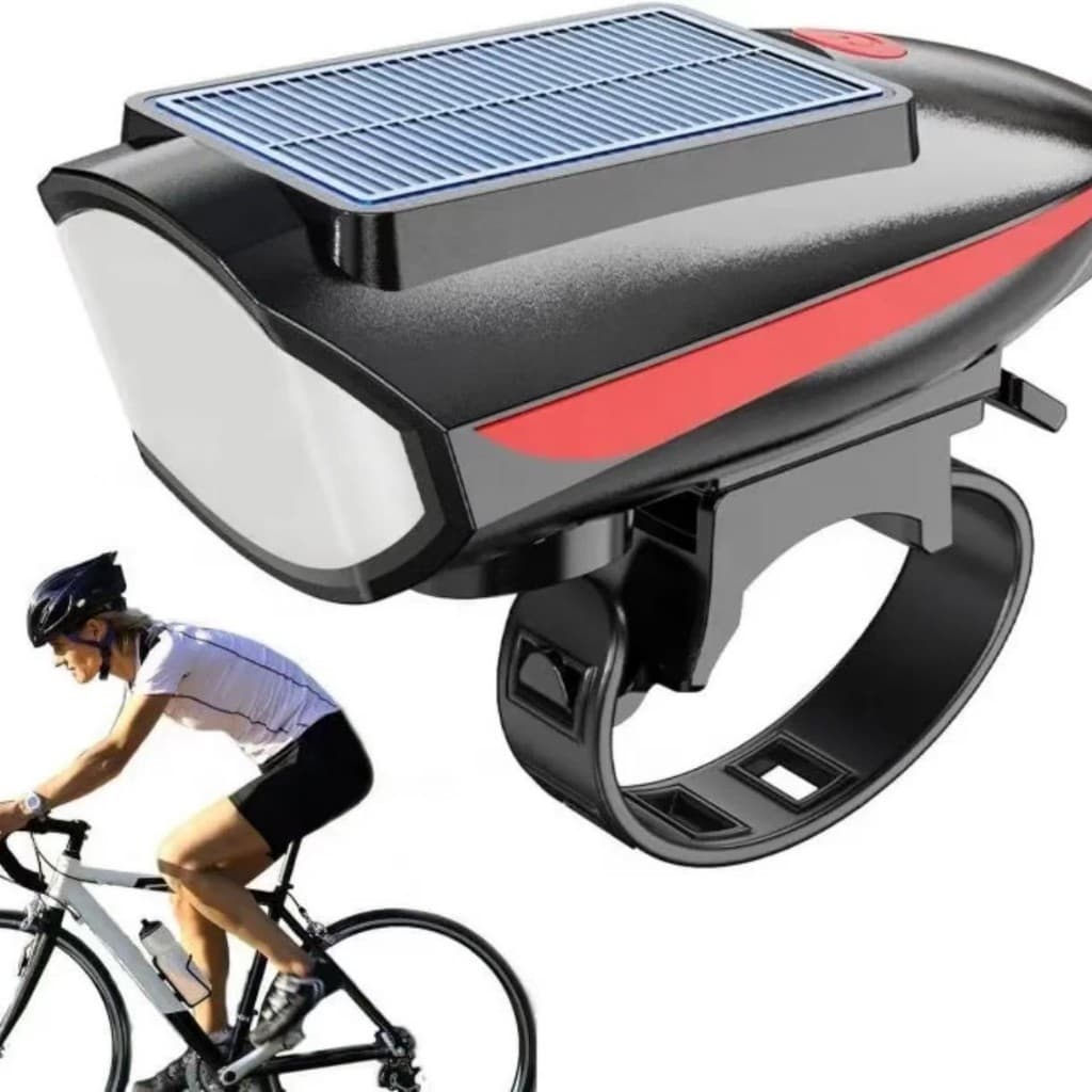 Farol De Bike 3 Modos Buzina 120db Lanterna Potente Com Bateria Recarregável Via Energia Solar