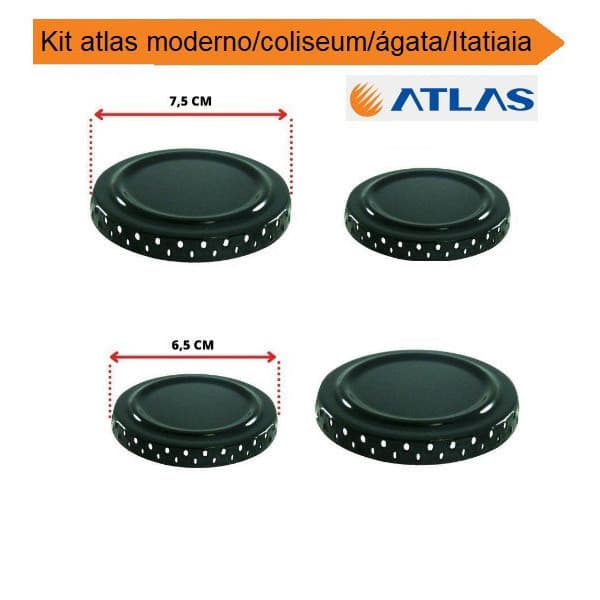 KIT com 4 Espalhadores (boca) do fogão ATLAS - Itatiaia/ Coliseum/ Ágata/ Grécia / Mônaco (02 grande + 02 pequenos)