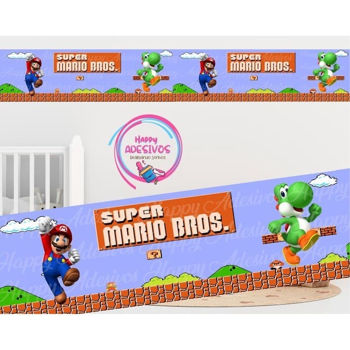 Faixa Adesiva Decorativa Parede Quarto Menino Infantil Baby Super Mario Bros Yoshi Game Retro DCM