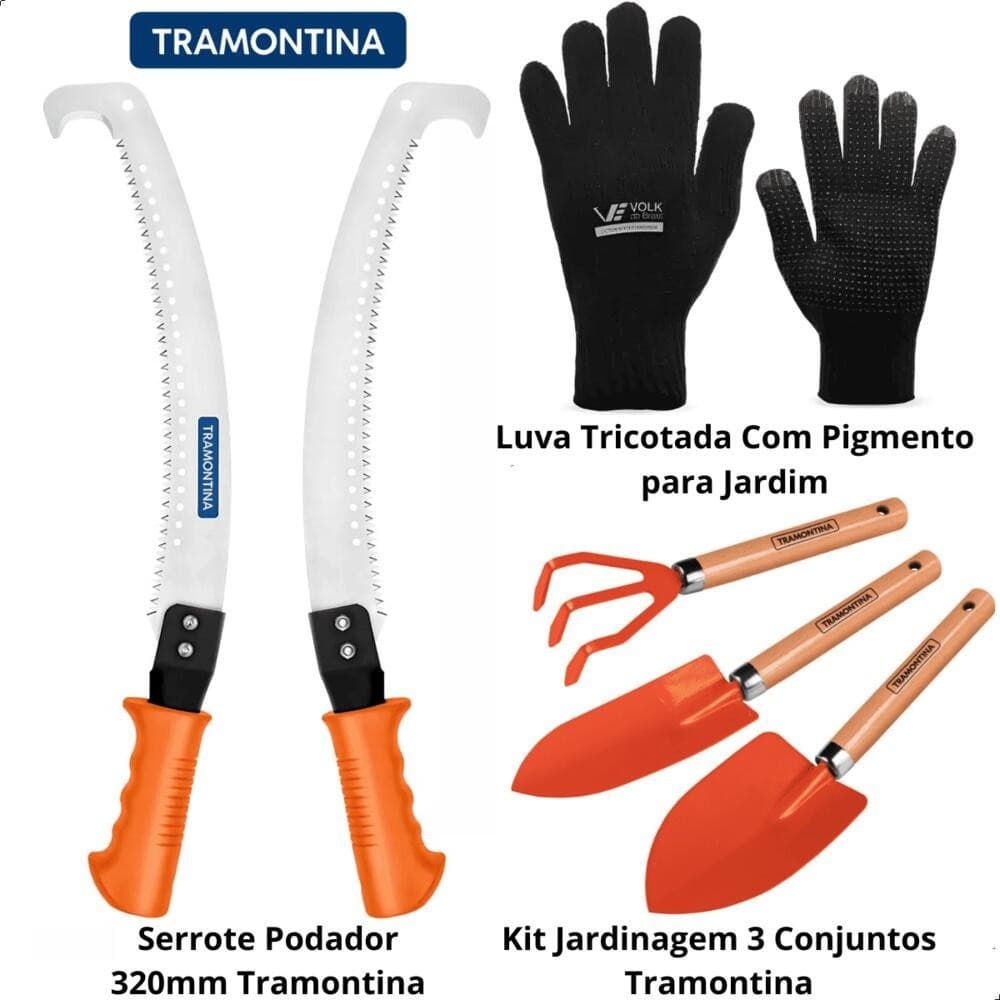 Kit Serrote Podador Com Conjunto Jardinagem 3 Peças Tramontina E Luva