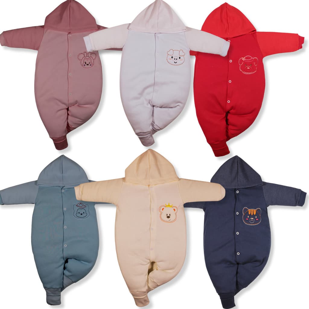 Kit 3 Peças Macacão Bebe Bordado Capuz Algodão Vira Pé Menino Menina