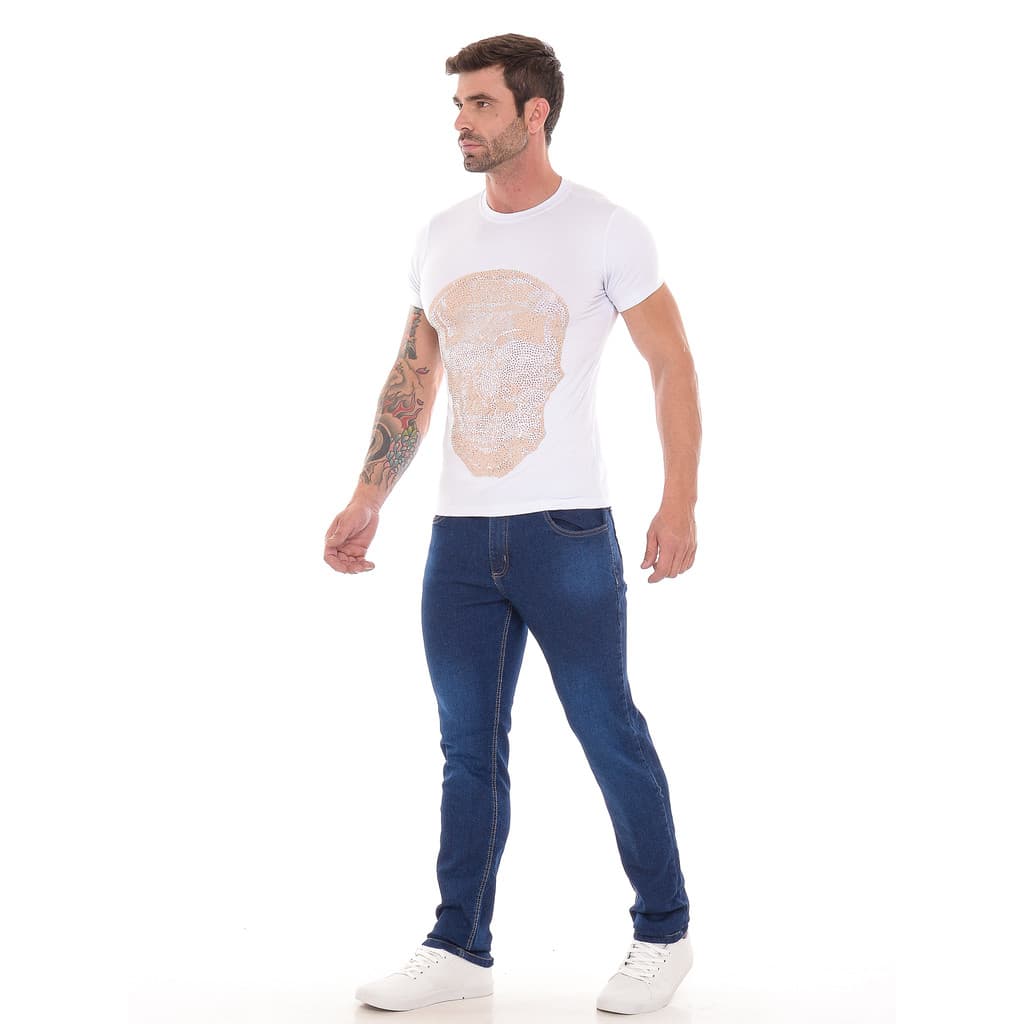 Camiseta Masculina Caveira Com Strass Branca