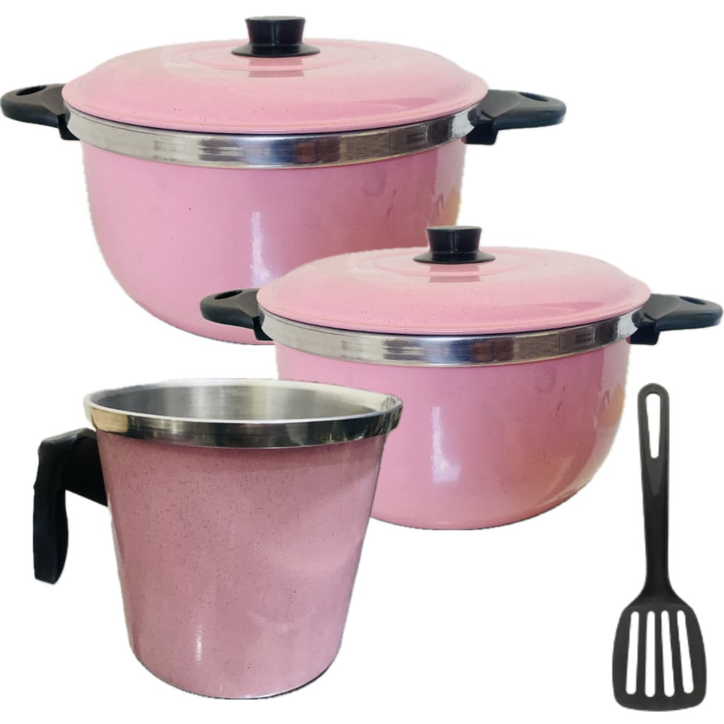 Jogo de Panelas Kit Caçarolas  Alumínio na cor Rosa 3 Peças Com Canecão Fervedor 1 Espátula