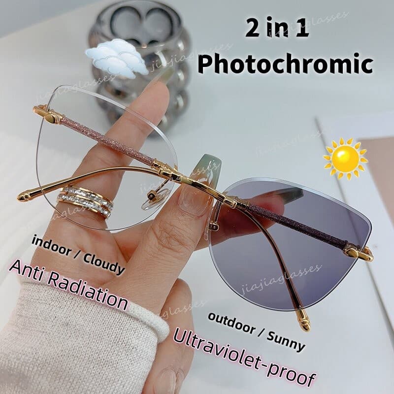 2 Em 1 Cat Eye Rimless Óculos De Sol Fotocromáticos Anti-Radiação Para Mulheres Homens Luz Azul Com Proteção UV Ao Ar Livre