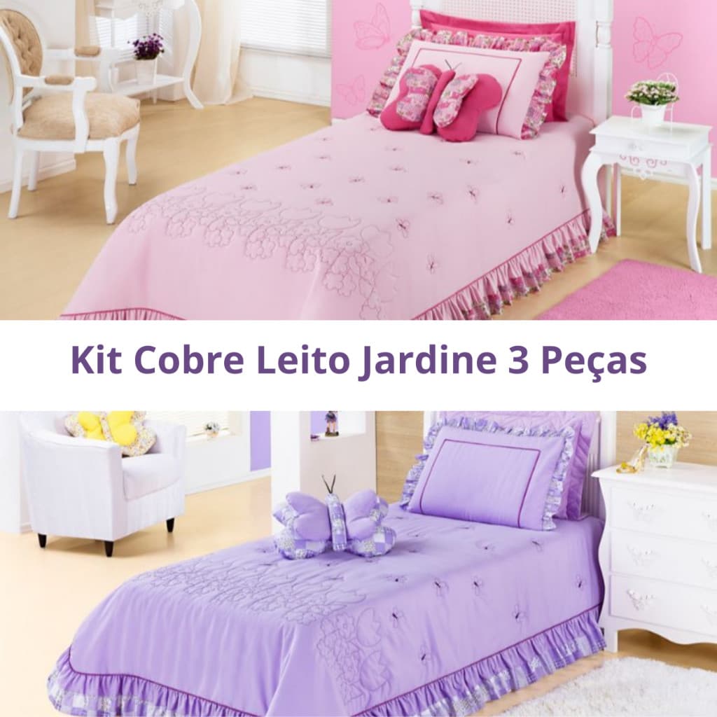 Kit Cobre Leito Jardine 03 Peças Infantil Matelado Bordado com Almofada Decorativa