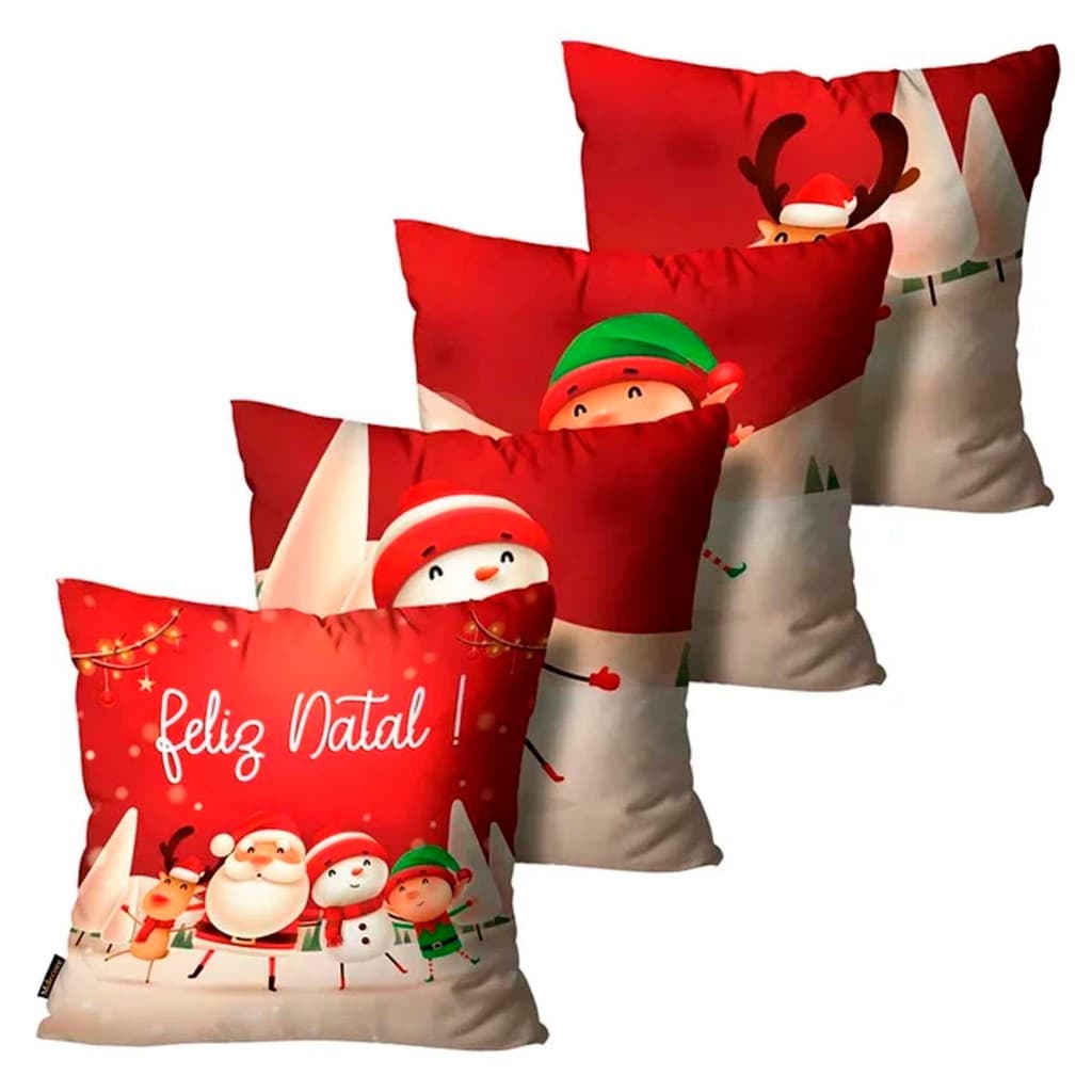 Kit com 4 Capas de Almofadas Decorativa Feliz Natal Vermelha