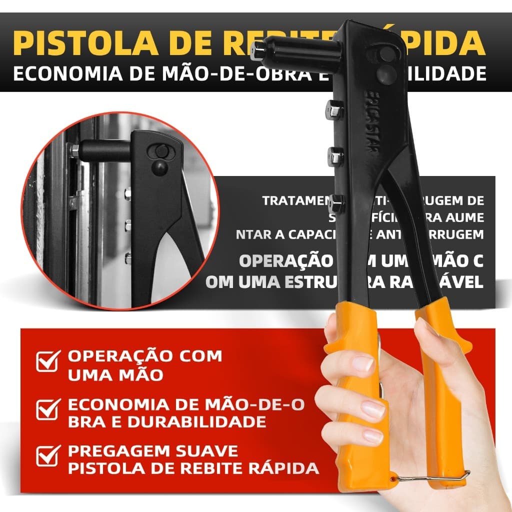 Kit Rebitadeira Profissional + Rebite, Alicate Rebitador Manual 9.5 POL PROFIELD - 4 Furos, Chave