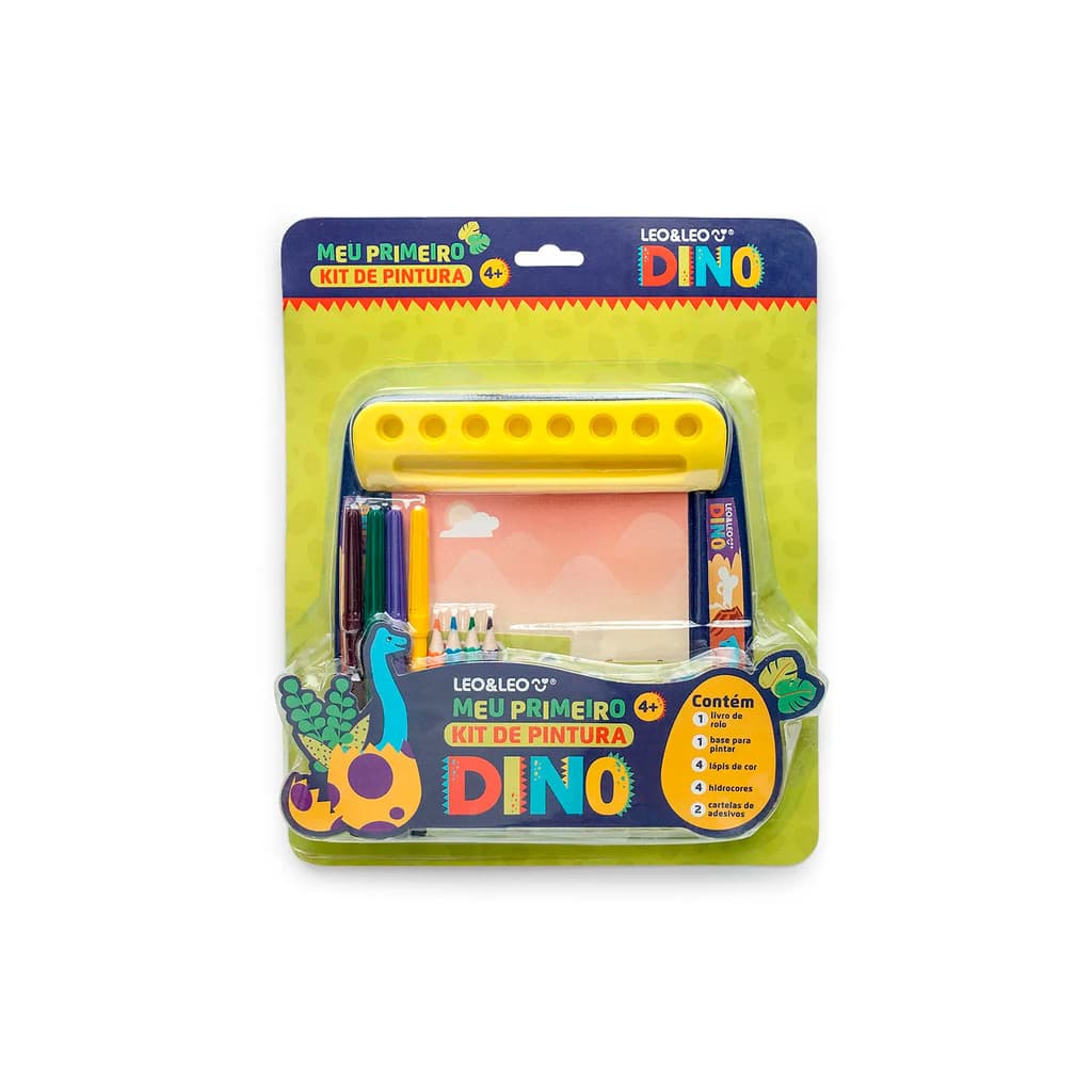 Kit de Pintura Dinossauro com 1 Livro de Rolo + Base + 4 Lápis de Cor + 4 Canetinhas + Adesivos