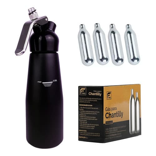 Garrafa Sifão Chantilly Profissional Para Cozinha Padeiro Confeitaria 500ml Preto - Kit com 10 Capsulas