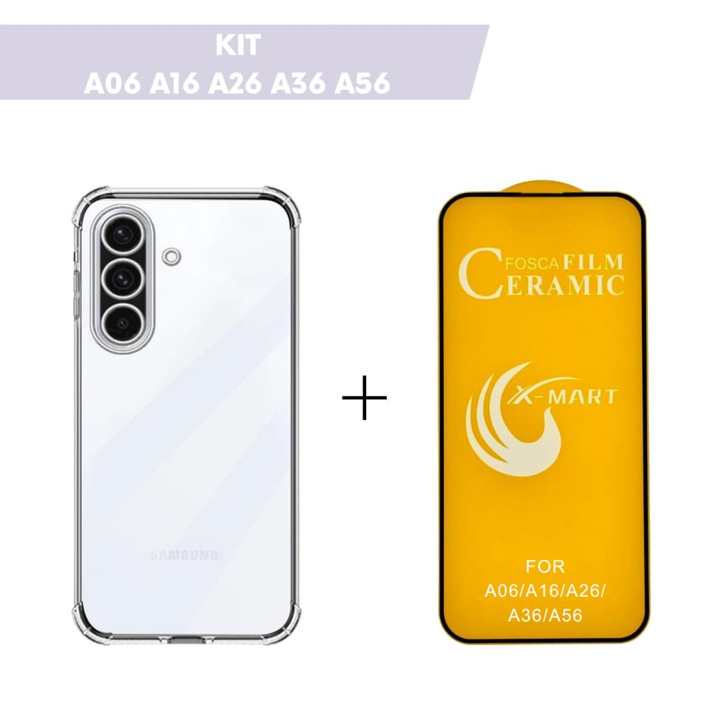 Capa Capinha Case AntiShock Transparente E Película Cerâmica Fosca p/ Samsung A06 4G A16 A26 A36 A56