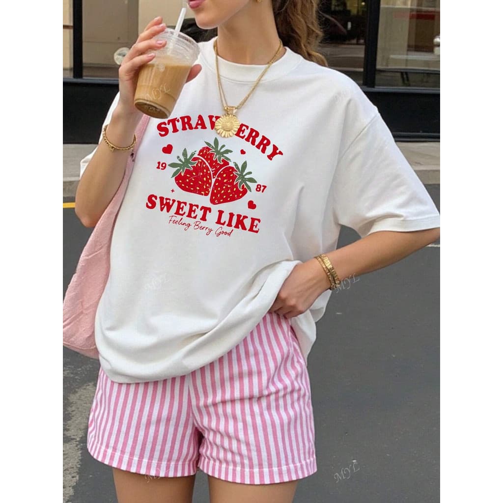 Camisa Camiseta Feminina strawberry Morango Puro Algodão Moda Street Over