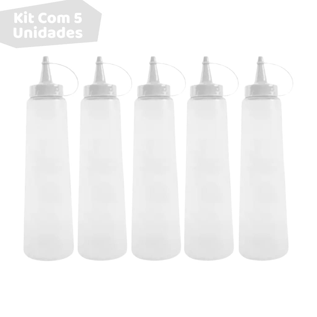 Kit 5 Bisnagas para Molhos com Tampa Branca 400ml/250ml Flexível Prática Lanchonete Bar Restaurante